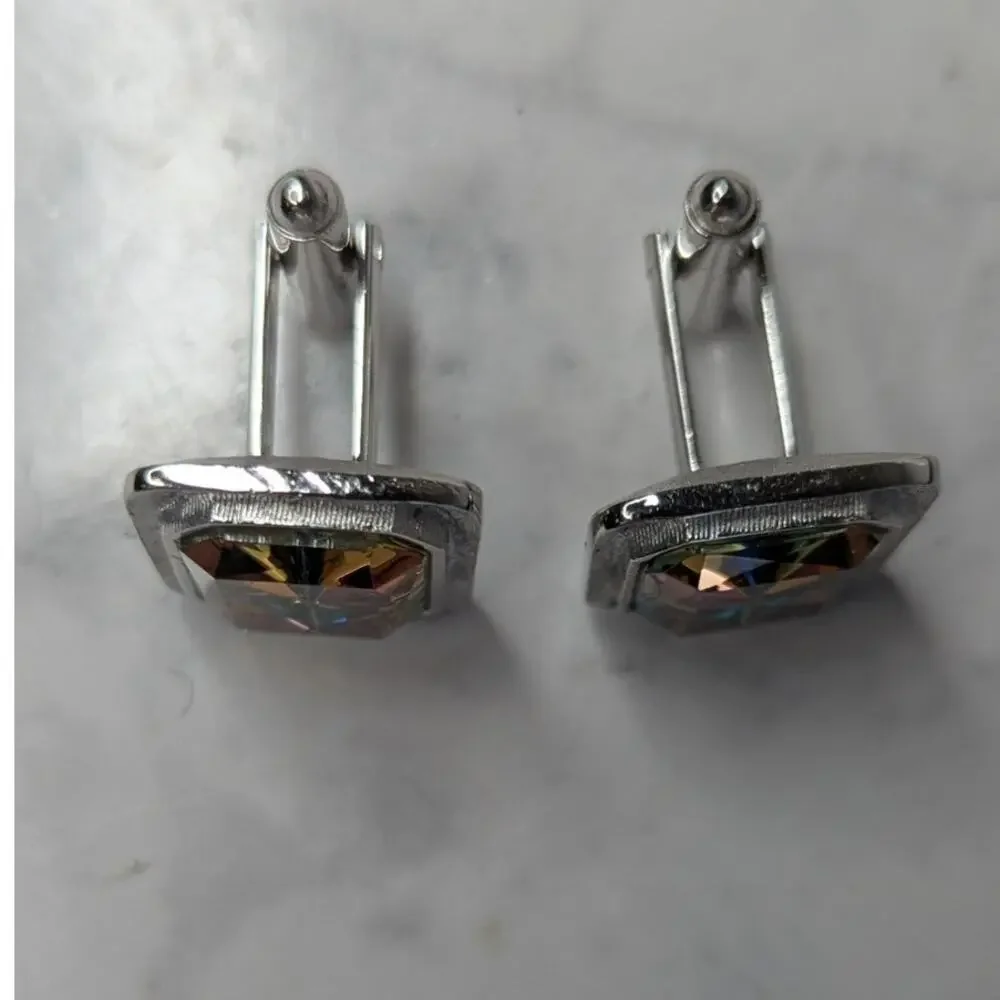Vintage Silver toned large prizm square stone unsigned formal cufflinks mens